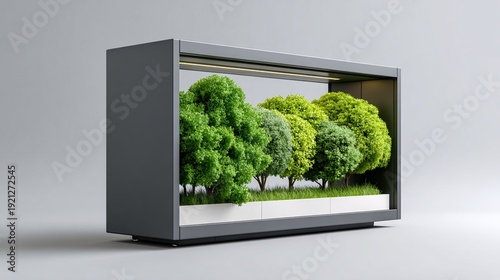 A concept of "Green AI": a server rack with real plants growing on it, glowing soft green lights