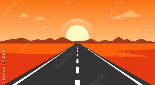 Serene Desert Road at Golden Sunset (Vector Illustration, Flat, Tranquil Landscape)