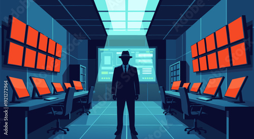 Vector Illustration Showing Man in Suit Standing in Dimly Lit Room with Computer Monitors Grid Ceiling