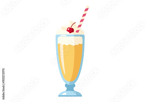 Cartoon-Style Vector Illustration of a Tall Glass Milkshake with Whipped Cream and Cherry