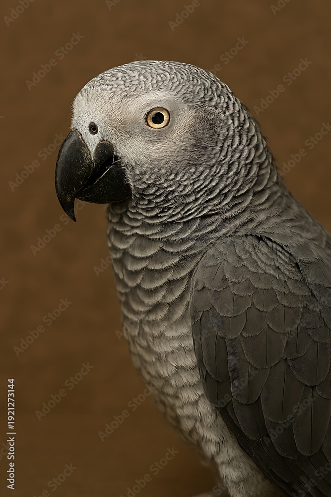 Obraz premium A close-up portrait of a parrot with gray feathers and a black beak looking to the side