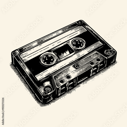Vintage Audio Cassette Tape Engraving Illustration