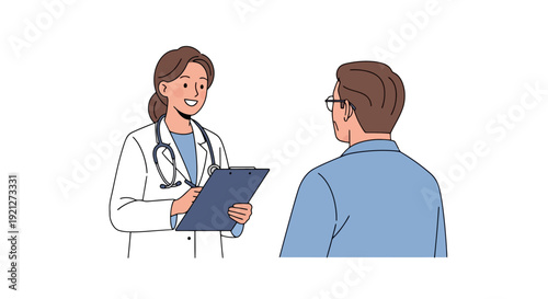 Smiling female doctor consults a male patient, taking notes on a clipboard during a medical check-up, in a flat vector illustration.