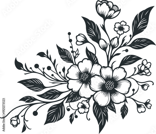 Elegant floral bouquet with blooming flowers and leaves black and white botanical line art illustration
