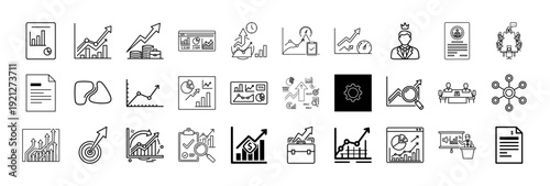 Set of 30 outline icons related to Business Intelligence Report, entrepreneurship, small business and startup planning