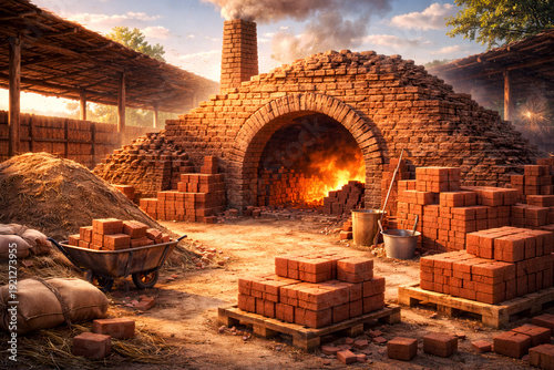 Traditional Red Brick Kiln Factory with Burning Fire and Stacks of Bricks