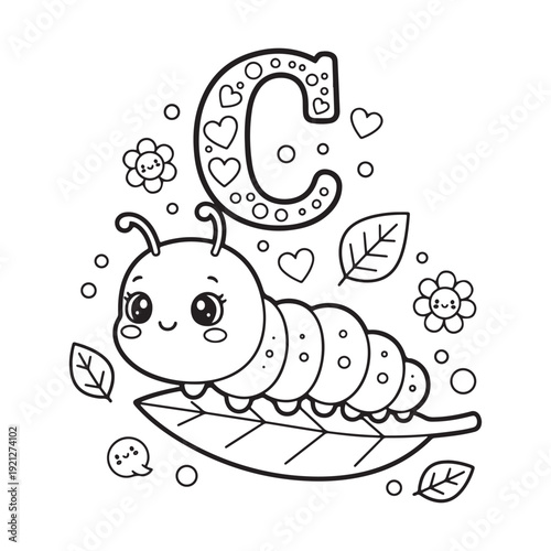 C is for Caterpillar Kawaii Insect Coloring Page for Kids Bold Outline Smiling Line Art