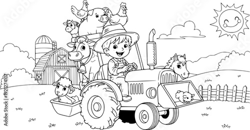 Funny cartoon coloring book illustration of a bear and wolf in a car and a cat in a horse carriage fairytale vector outline sketch for children