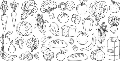 A vintage set of hand drawn illustrations featuring seamless patterns of food doodles, vector sketches of fruit and vegetables, and meat, alongside hand drawn easter eggs and flowers