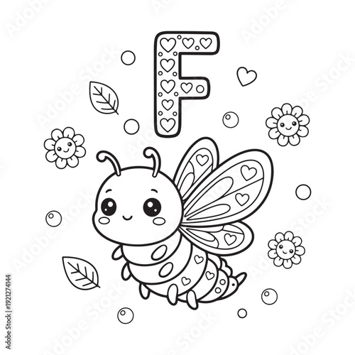 F is for Firefly Kawaii Insect Coloring Page for Kids Bold Outline Smiling Line Art