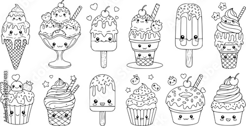 Set of hand drawn illustrations featuring a cute seamless pattern of vector cupcakes, chocolate cakes, and sweet birthday desserts with cherry and cream icons for bakery party design