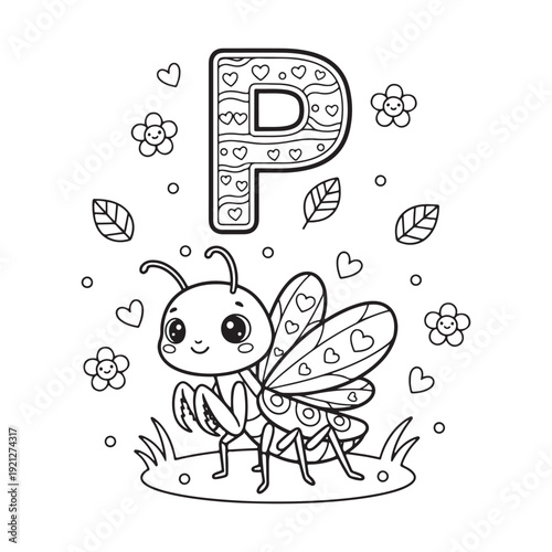 P is for Praying Mantis Kawaii Insect Coloring Page for Kids Bold Outline Smiling Line Art