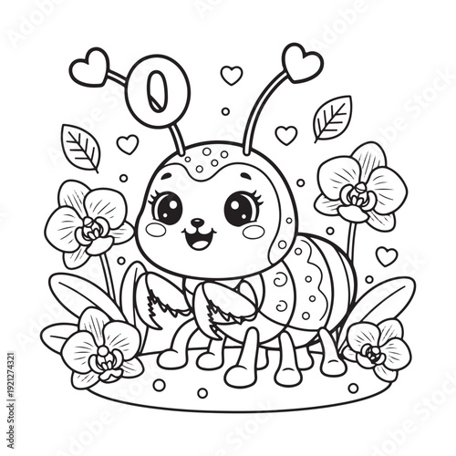 O is for Orchid Mantis Kawaii Insect Coloring Page for Kids Bold Outline Smiling Line Art