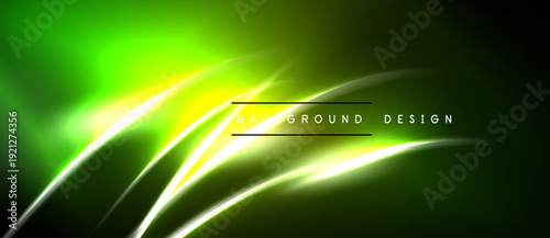 Bright green abstract background. Smooth curves, glowing lines create dynamic visual effect. Dark areas contrast vibrant colors.