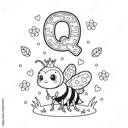 Q is for Queen Bee Kawaii Insect Coloring Page for Kids Bold Outline Smiling Line Art
