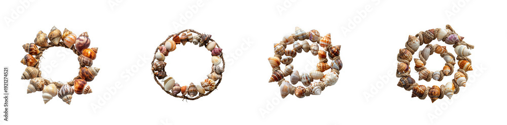 Obraz premium Circular Wreaths Made of Various Seashells and Twine isolated on transparent background
