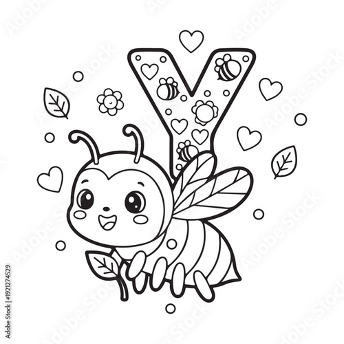 Y is for Yellow Jacket Kawaii Insect Coloring Page for Kids Bold Outline Smiling Line Art