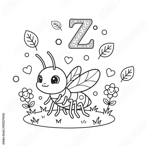 Z is for Zoraptera Kawaii Insect Coloring Page for Kids Bold Outline Smiling Line Art
