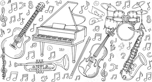 Hand drawn doodle sketch of a musical instruments set featuring a guitar and drum collection as a vector art illustration design