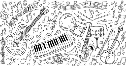 Hand drawn doodle set of musical instruments in a seamless pattern vector illustration featuring vintage music sketches and art icons