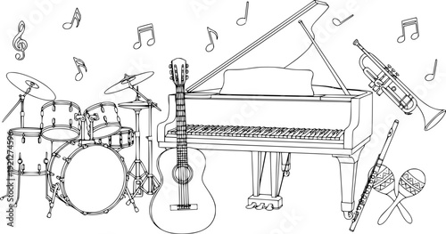 Vintage jazz music icon set featuring black vector illustrations of a piano, guitar, and drum kit silhouette collection on a white background for musical instrument pattern design
