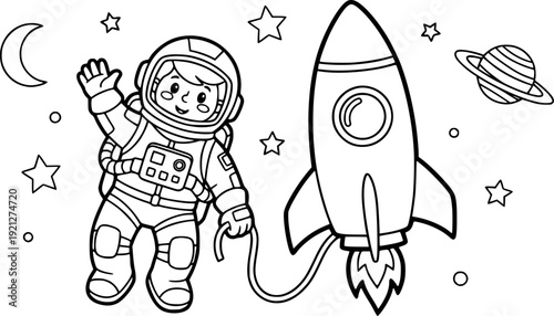 Funny cartoon space rocket vector illustration of a shuttle launch featuring a comic boy character in a fun drawing style for children