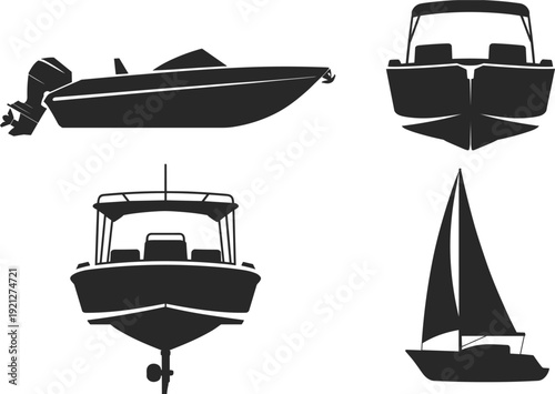 Collection of boat silhouettes including speed boat, motorboat, and sailboat vector illustration