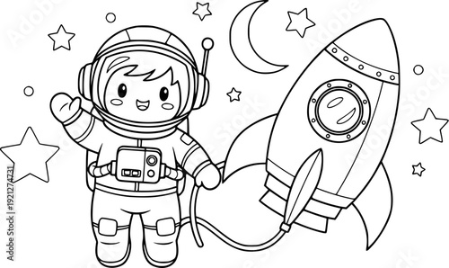 Funny cartoon astronaut boy and a cat floating in space vector illustration as a cute coloring book outline character sketch for children