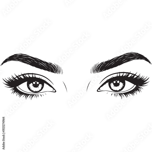 Close-up of beautiful expressive eyes with long lashes and full eyebrows.