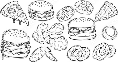 Hand drawn vector set of easter eggs mixed with cartoon fast food icons like hamburger pizza and sandwich illustrations