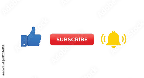 Essential set of social media engagement icons displaying a blue thumbs up like button, a red subscribe button, and a yellow notification bell for digital content interaction.