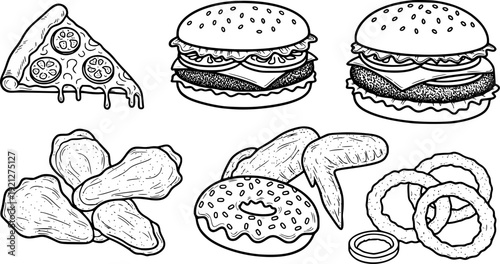 Seamless pattern vector set of hand drawn fruit and vegetable sketches with fast food meal icons like burgers, pizza, and meat snacks