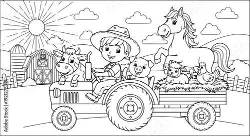 A funny cartoon vector illustration of a cat and bear driving a horse and carriage on the road for a children's travel coloring book drawing