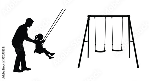 Father pushing daughter on a swing set black graphic silhouette