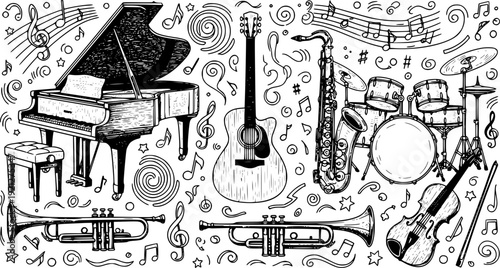 Vintage hand drawn jazz music instruments set featuring a vector illustration doodle of a guitar, drum, and piano icon for rock art design