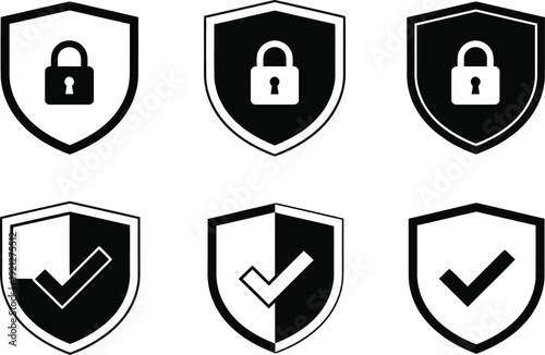 Security icons set with shield and lock symbols for protection and safety