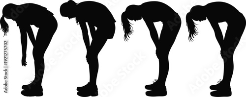 Four black silhouettes of a woman bending over with hands on knees on a white background leaning