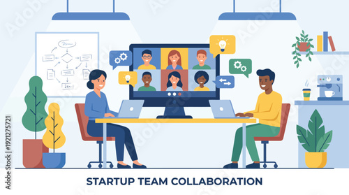 Diverse startup team collaborating remotely via video conference, working on laptops in a modern office setting.