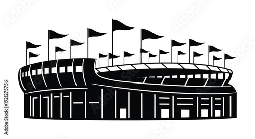 A striking black silhouette of a stadium with waving flags silhouette