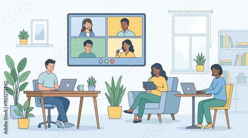 Diverse group of people collaborating remotely in a modern office space, engaging in a video conference on a large screen.