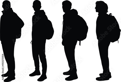 Four Male Silhouettes Wearing Hoodies And Backpacks Standing student