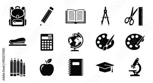 Collection of black icons representing ideas innovation and problem solving silhouette