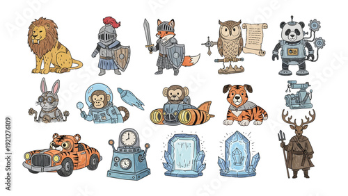 Whimsical Animal Characters and Fantasy Elements: A captivating collection of adorable illustrated animal characters and fantasy elements, each imbued with unique personality and charm.
