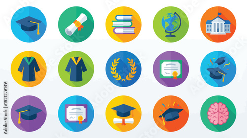 A vibrant collection of circular icons representing various aspects of education and academic achievement.