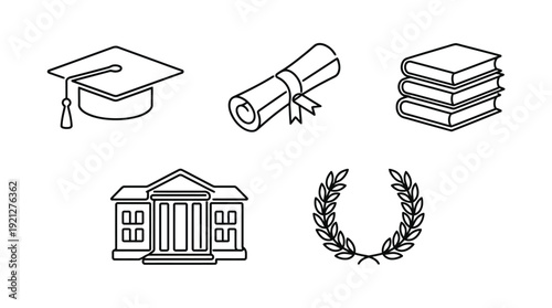 A collection of five black and white line art icons representing education and achievement, including a graduation cap, diploma, stack of books, university building, and a laurel wreath.