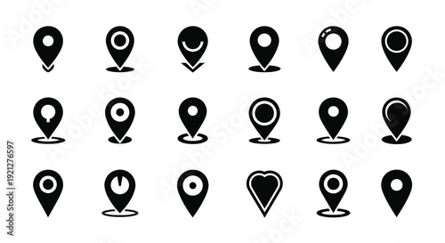 Collection of black map markers and location pins a graphic silhouette