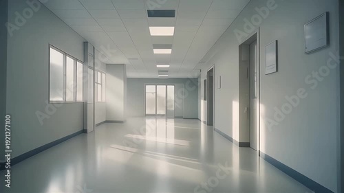 Soft morning sunlight enters through frosted windows casting long gentle beams across an empty minimalist hospital corridor with polished floors and silent sterile atmosphere