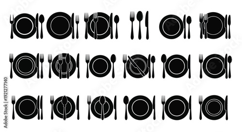 Repeated patterns of cutlery and plates create a striking design silhouette