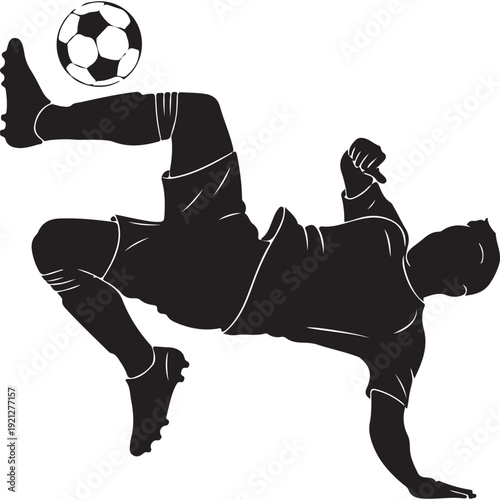 Silhouette of a soccer player performing a bicycle kick with a soccer ball