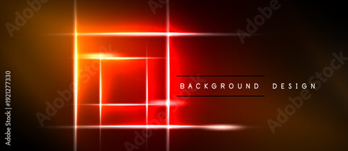 Abstract neon lines form squares, glowing against dark background. Bright orange, red hues create dynamic visual effect.